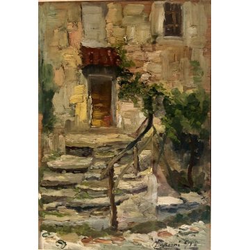 ANTICO QUADRO OLIO Pompeo Mariani "Miazzina" PAESAGGIO SCORCIO CASA RURALE 1917