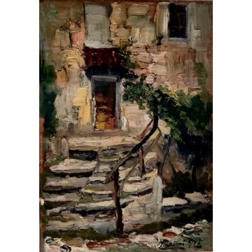 ANTICO QUADRO OLIO Pompeo Mariani "Miazzina" PAESAGGIO SCORCIO CASA RURALE 1917