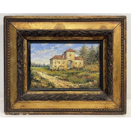 ANTICO DIPINTO OLIO TAVOLA VECCHIO CASALE PODERE PAESAGGIO RURALE CAMPAGNA '900