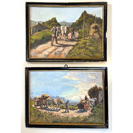 COPPIA QUADRO DIPINTO OLIO TAVOLA C. Domenici PAESAGGIO CONTADINI PASCOLO BUOI