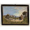 COPPIA QUADRO DIPINTO OLIO TAVOLA C. Domenici PAESAGGIO CONTADINI PASCOLO BUOI