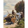 COPPIA QUADRO DIPINTO OLIO TAVOLA C. Domenici PAESAGGIO CONTADINI PASCOLO BUOI