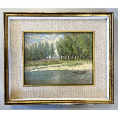 ANTICO DIPINTO OLIO G. Beltrami Ticino in secca VEDUTA PAESAGGIO FLUVIALE BARCA