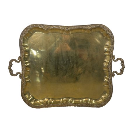 GRANDE VASSOIO OTTONE RETTANGOLARE 80cm EPOCA 900 BORDI SAGOMATI MANICI DORATO