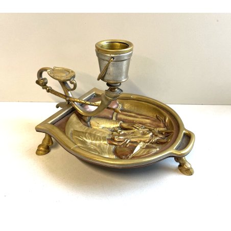 ANTICO PORTA CANDELA BUGIA SCULTURA RAME DORATO FERRO CAVALLO FANTINO LUME '900