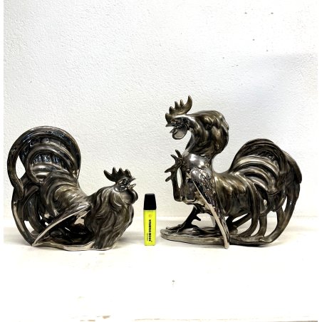 COPPIA GALLO Zaccagnini COMBATTIMENTO CERAMICA  A982 SMALTO ARGENTATO 32 cm/h