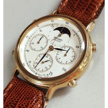 Seiko 7a48-7020 Chronograph MOON PHASE Date OROLOGIO POLSO DORATO Vintage Watch