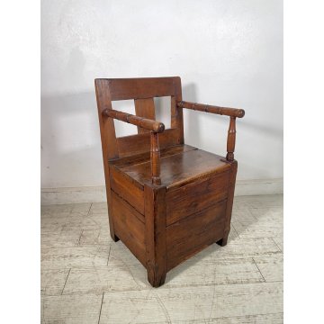 ANTICO TRONO SGABELLO RUSTICO '800 SEDIA BAULE BAITA LEGNO MASSELLO NOCE CHAIR