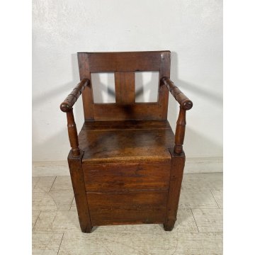 ANTICO TRONO SGABELLO RUSTICO '800 SEDIA BAULE BAITA LEGNO MASSELLO NOCE CHAIR