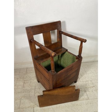 ANTICO TRONO SGABELLO RUSTICO '800 SEDIA BAULE BAITA LEGNO MASSELLO NOCE CHAIR