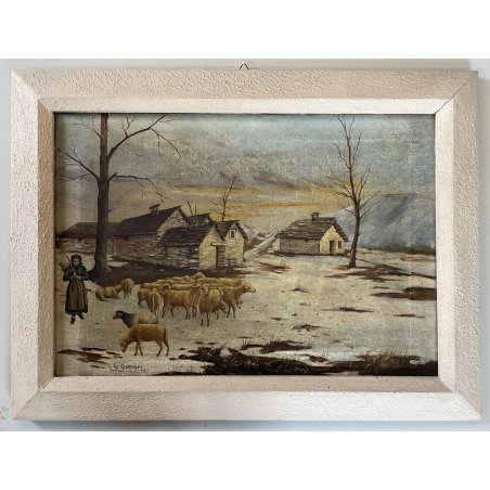 ANTICO DIPINTO OLIO G. Girini PAESAGGIO RURALE MONTANO CONTADINA CASALE NEVE '38