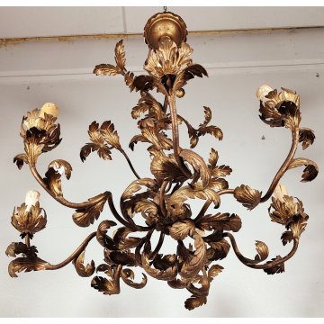 ANTICO LAMPADARIO A SOSPENSIONE epoca 900 FERRO BATTUTO dipinto ORO FIORI 7 luci