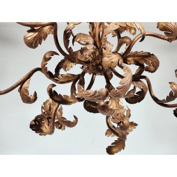 ANTICO LAMPADARIO A SOSPENSIONE epoca 900 FERRO BATTUTO dipinto ORO FIORI 7 luci