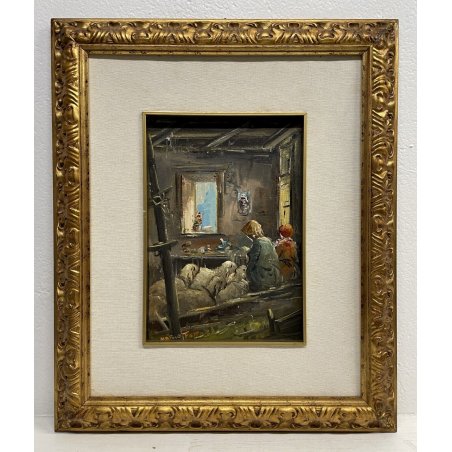 ANTICO DIPINTO OLIO Mario Fattori SCENA VITA RURALE INTERNO OVILE CONTADINE 900