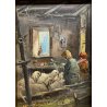 ANTICO DIPINTO OLIO Mario Fattori SCENA VITA RURALE INTERNO OVILE CONTADINE 900