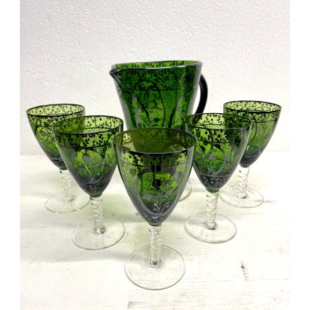 ANTICO SET BROCCA CALICI VETRO VERDE VENZIANO DECORO FLOREALE ARGENTO LIBERTY