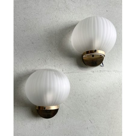 COPPIA APPLIQUE VINTAGE LAMPADA DA PARETE VETRO OPALINO OTTONE DESIGN ANNI '60