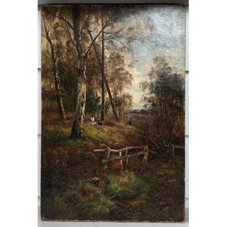 ANTICO DIPINTO OLIO Louis B. Hurt PAESAGGIO SELVA BOSCO FIGURE TARDO AUTUNNO 900