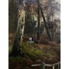 ANTICO DIPINTO OLIO Louis B. Hurt PAESAGGIO SELVA BOSCO FIGURE TARDO AUTUNNO 900