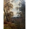 ANTICO DIPINTO OLIO Louis B. Hurt PAESAGGIO SELVA BOSCO FIGURE TARDO AUTUNNO 900