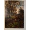 ANTICO DIPINTO OLIO Louis B. Hurt PAESAGGIO SELVA BOSCO FIGURE TARDO AUTUNNO 900