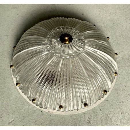 LAMPADARIO SOFFITTO ROTONDA ø 43,5 PLAFONIERA 3 luci VETRO Murano OTTONE '70