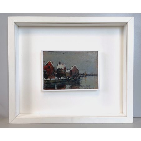 ANTICO DIPINTO OLIO U. Montini VEDUTA PAESAGGIO OLANDA Volendam INVERNO NEVE 900