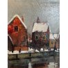 ANTICO DIPINTO OLIO U. Montini VEDUTA PAESAGGIO OLANDA Volendam INVERNO NEVE 900
