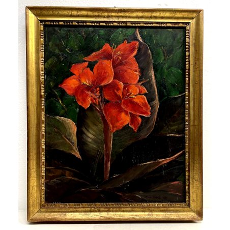 QUADRO DIPINTO OLIO Dino Uberti NATURA MORTA FIORE ESOTICO ROSSO 1937