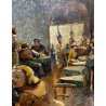 ANTICO DIPINTO OLIO TAVOLA GENERE SCENA INTERNO LOCANDA RISTORANTE FIRMATO '900