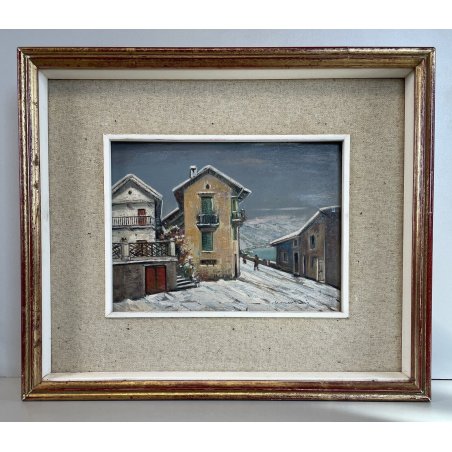 ANTICO DIPINTO OLIO Umberto Montini VEDUTA PAESAGGIO MONTANO INVERNO NEVE LAGO