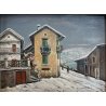 ANTICO DIPINTO OLIO Umberto Montini VEDUTA PAESAGGIO MONTANO INVERNO NEVE LAGO