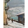 ANTICO DIPINTO OLIO Umberto Montini VEDUTA PAESAGGIO MONTANO INVERNO NEVE LAGO