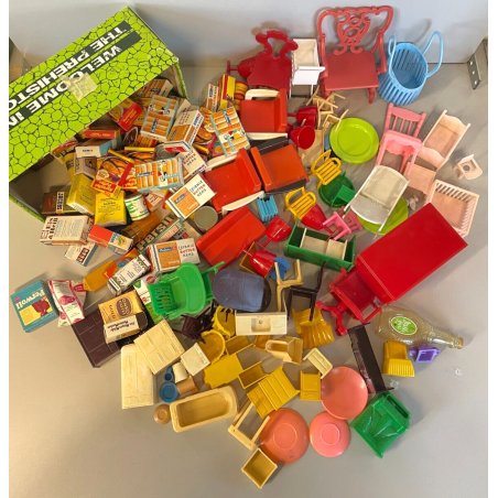 GRANDE LOTTO ARREDAMENTO CASA BAMBOLA PRODOTTI SUPERMERCATO PLASTICA TOY ANNI 50