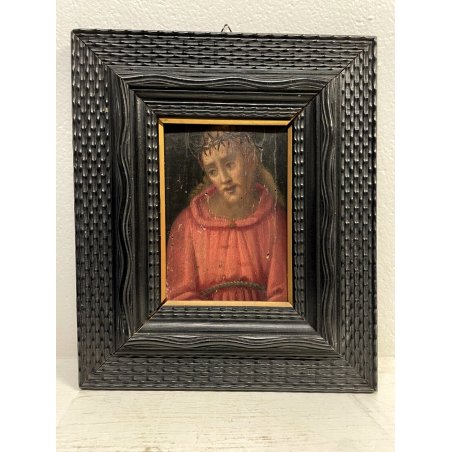 ANTICO QUADRO DIPINTO OLIO TAVOLA RELIGIOSO Gesù Cristo CORONA SPINE GUILLOCHE'