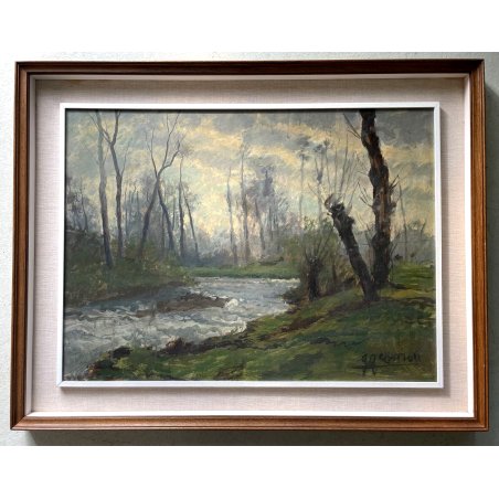 ANTICO GRANDE DIPINTO OLIO TAVOLA Gigi Comolli PAESAGGIO BRUGHIERA TORRENTE '900