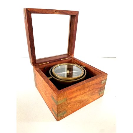 BUSSOLA TAVOLO INCLINABILE STRUMENTO NAUTICO BOX LEGNO OTTONE VETRO DECOR '900