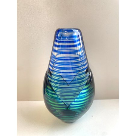 VASO VETRO MURANO FORMA FIORE RIGHE BICOLORE VERDE BLU GLASS DESIGN VINTAGE '80