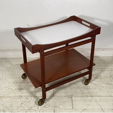 CARRELLO BAR ROTELLE DESIGN ANNI 60 LEGNO VASSOIO TROLLEY BAR VINTAGE 2 RIPIANI