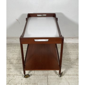 CARRELLO BAR ROTELLE DESIGN ANNI 60 LEGNO VASSOIO TROLLEY BAR VINTAGE 2 RIPIANI