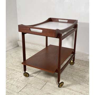 CARRELLO BAR ROTELLE DESIGN ANNI 60 LEGNO VASSOIO TROLLEY BAR VINTAGE 2 RIPIANI