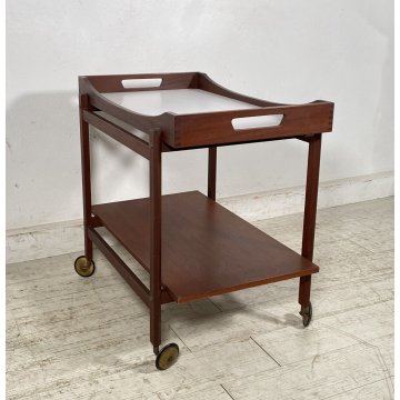 CARRELLO BAR ROTELLE DESIGN ANNI 60 LEGNO VASSOIO TROLLEY BAR VINTAGE 2 RIPIANI