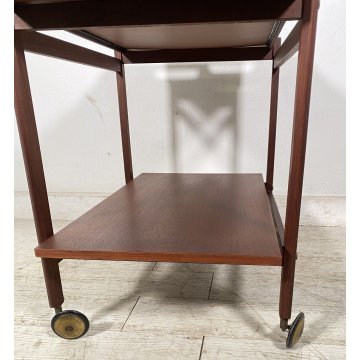 CARRELLO BAR ROTELLE DESIGN ANNI 60 LEGNO VASSOIO TROLLEY BAR VINTAGE 2 RIPIANI