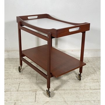 CARRELLO BAR ROTELLE DESIGN ANNI 60 LEGNO VASSOIO TROLLEY BAR VINTAGE 2 RIPIANI