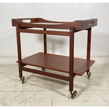 CARRELLO BAR ROTELLE DESIGN ANNI 60 LEGNO VASSOIO TROLLEY BAR VINTAGE 2 RIPIANI