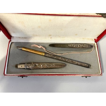 ANTICO SET SCRIVANIA box anni 20 PENNA STILOGRAFICA matita TAGLIACARTE argentato