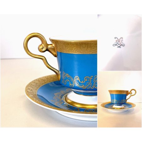 SERVIZIO TE VINTAGE 10 pers 22 pz. PORCELLANA Sevres DECORO BLUE GOLD MIDCENTURY