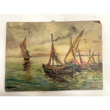 COPPIA ANTICO DIPINTO OLIO A. Galeotti PAESAGGIO MARINA BARCHE MARE Napoli 1940