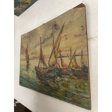 COPPIA ANTICO DIPINTO OLIO A. Galeotti PAESAGGIO MARINA BARCHE MARE Napoli 1940