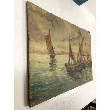 COPPIA ANTICO DIPINTO OLIO A. Galeotti PAESAGGIO MARINA BARCHE MARE Napoli 1940